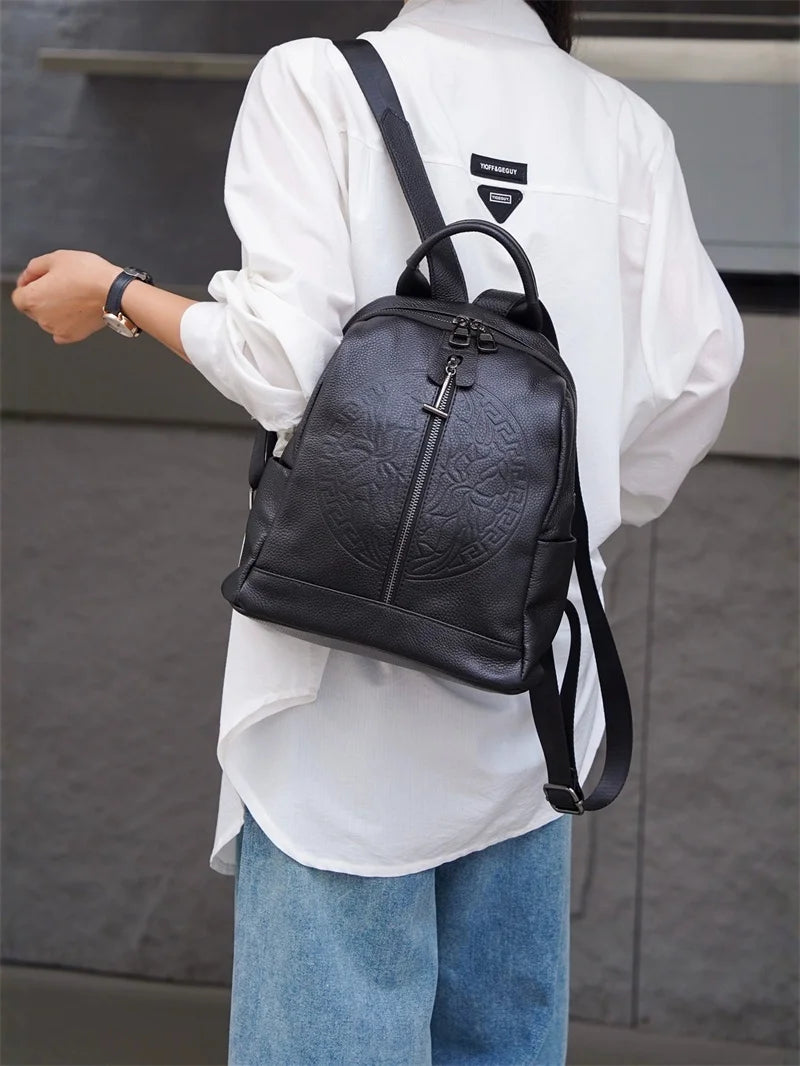 Mochila Mujer Cuero Genuino Caterroll - Grabado Negro