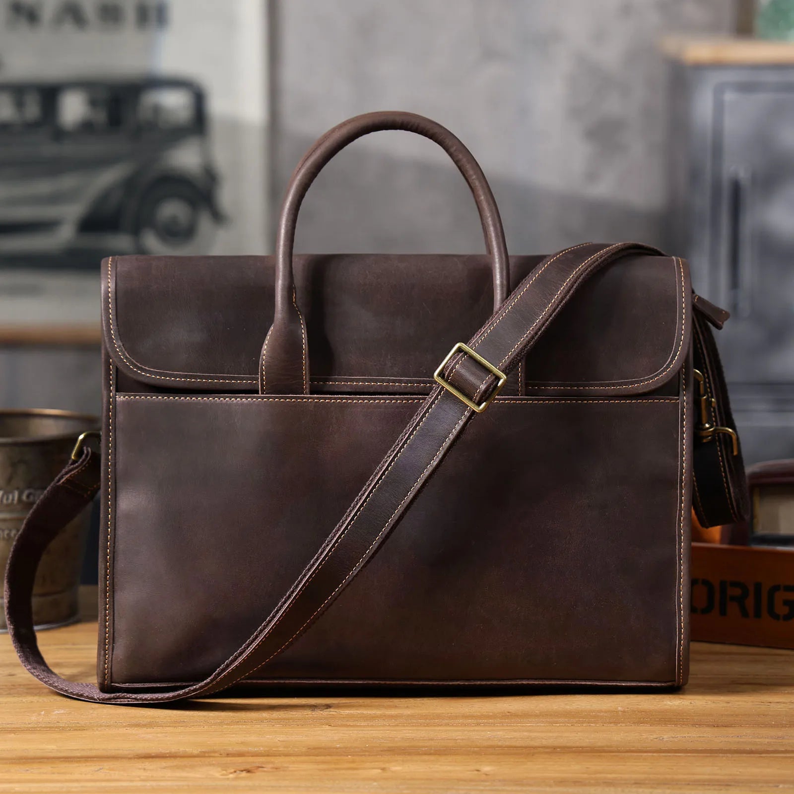 Maletín Cuero Genuino Hombre 14" - Vintage Crazy Horse