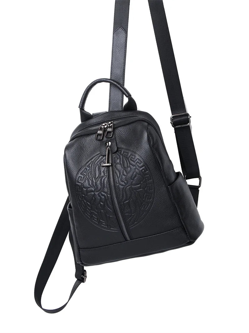 Mochila Mujer Cuero Genuino Caterroll - Grabado Negro